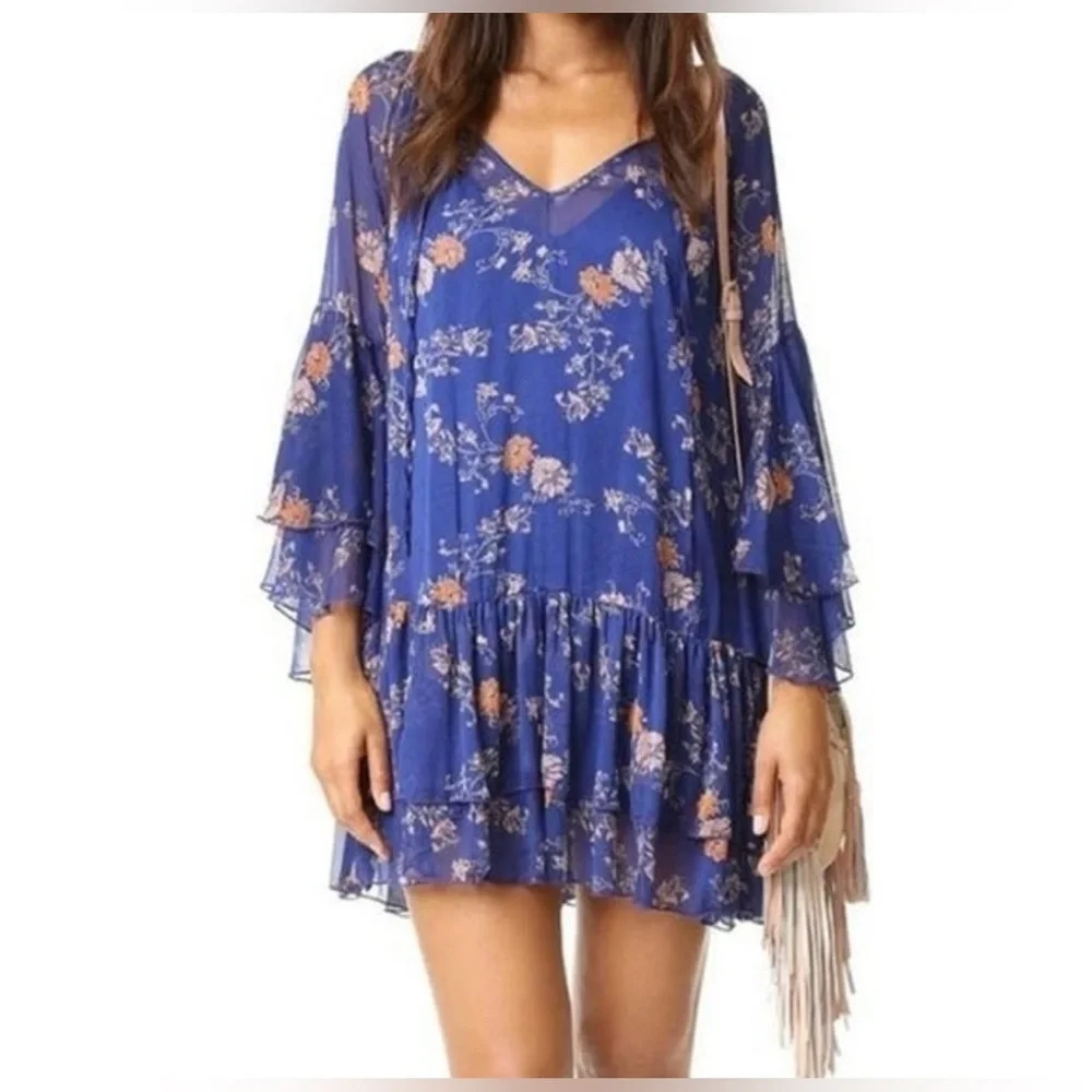 Free People “Sunsetter” Blue floral ruffle sheer mini dress, size Medium 🦋 - Picture 9 of 11